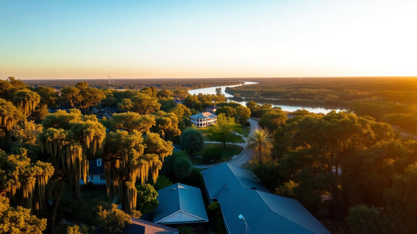 Louisiana neighborhood with live oaks and the Mississippi River in the background
